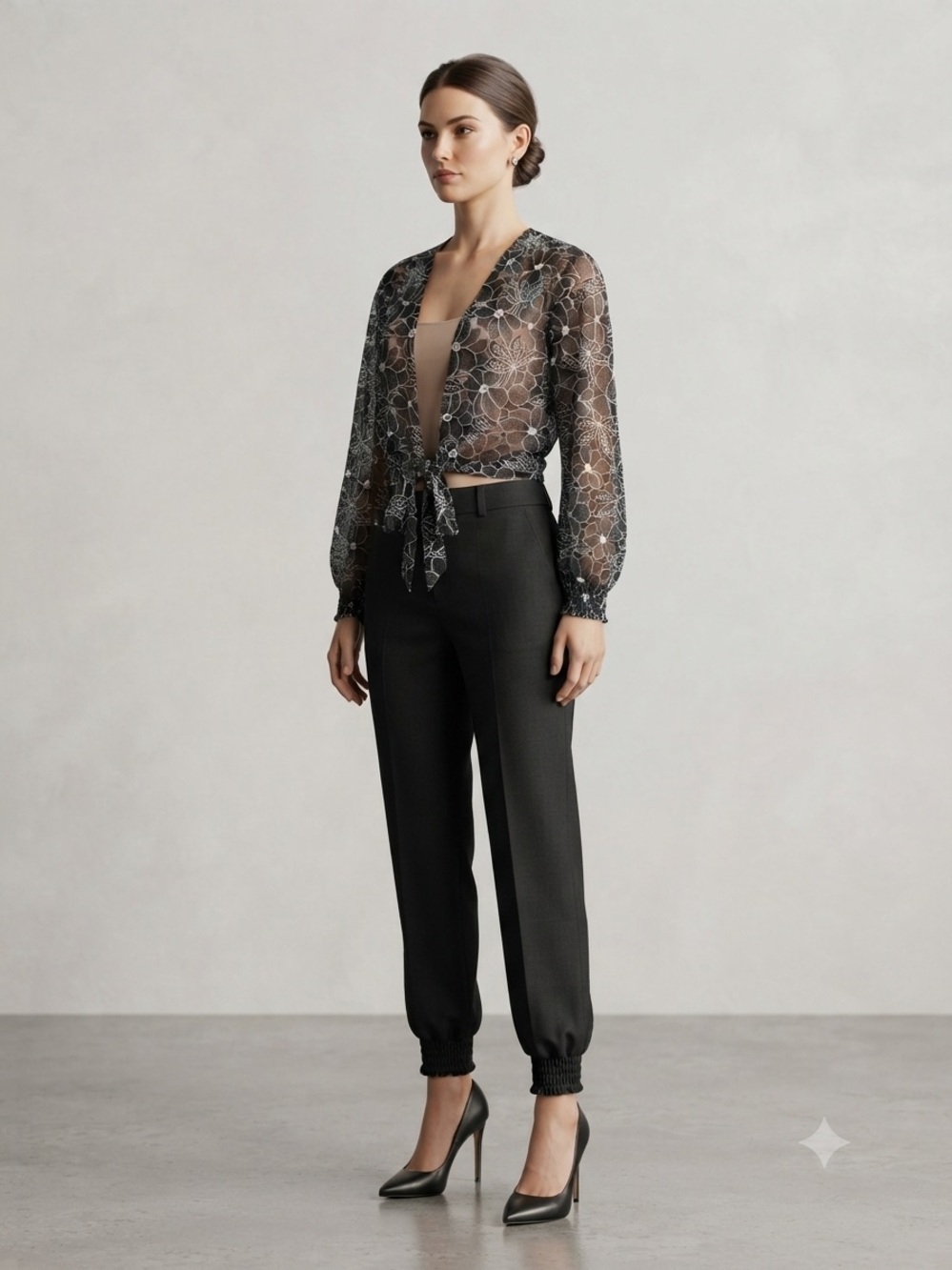 Notations Black Sheer Floral Tie-Front Blouse.